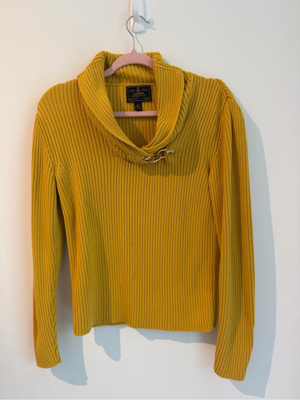 Ralph Lauren Mustard Ribbed Shawl-Collar Sweater with Buckle Accent - Picture 2 of 5